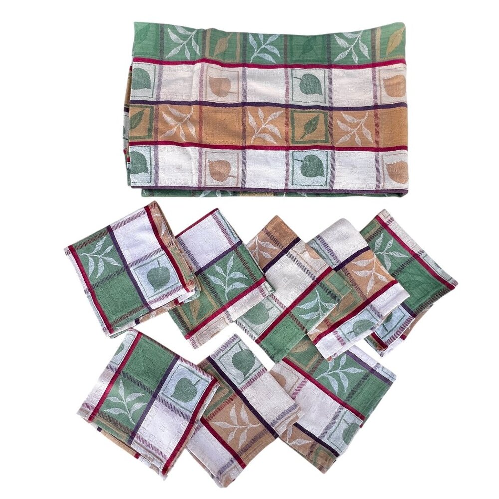 Vintage India Cotton Tablecloth & 8 Napkins Set Multicolor Plaid With Leaf